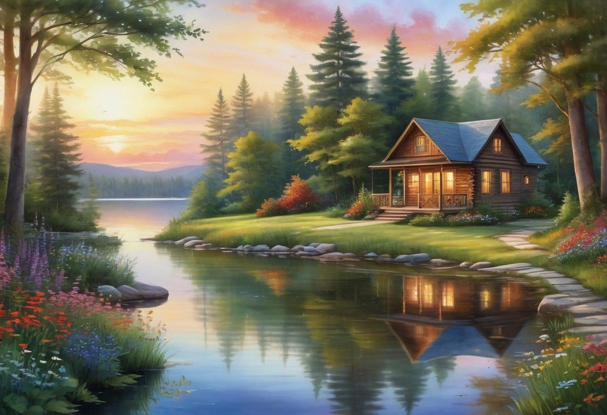 A tranquil nature retreat scene featuring a cozy cabin nestled among lush green trees, with a shimmering lake reflecting the sky at sunset. Include colorful wildflowers in the foreground and a path leading to the water's edge. Soft, warm lighting creates a serene atmosphere, evoking joy and relaxation. watercolors. vibrant colors. peaceful composition.