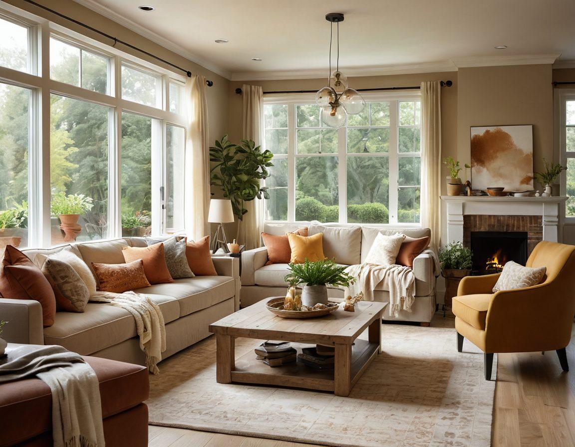 A cozy, luxurious living space designed for families, featuring plush sofas, soft blankets, and lively children playing around. Highlight a warm color palette with natural light streaming in through large windows, and add accents of nature like potted plants. In the background, a beautifully set dining table with gourmet food hints at indulgence. super-realistic. warm tones. cozy atmosphere.