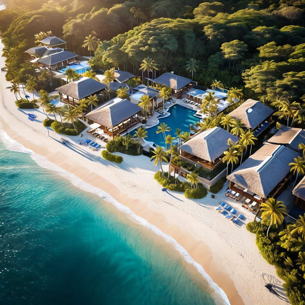 A stunning aerial view of a luxurious resort nestled by a pristine beach, showcasing elegant cabanas, infinity pools, and lush tropical gardens. The sun sets on the horizon, casting warm golden hues, with guests enjoying a serene atmosphere. Include elements of gourmet dining and spa experiences in the foreground for an upscale feel. vibrant colors. super-realistic.